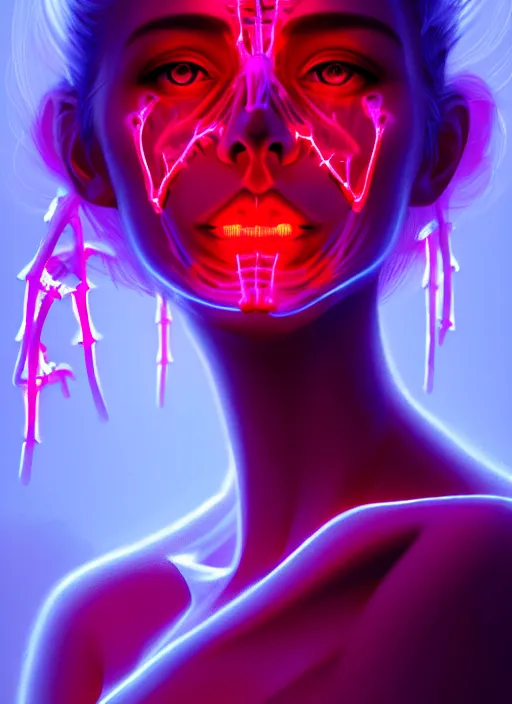 Image similar to portrait female posing sensual figure x - ray, skeletal, glowing veins under translucent skin, highly detailed skin, among neon bed of flowers, windy, stormy sky, bioluminescent, plasma, greg rutkowski, 8 k trending on artstation,