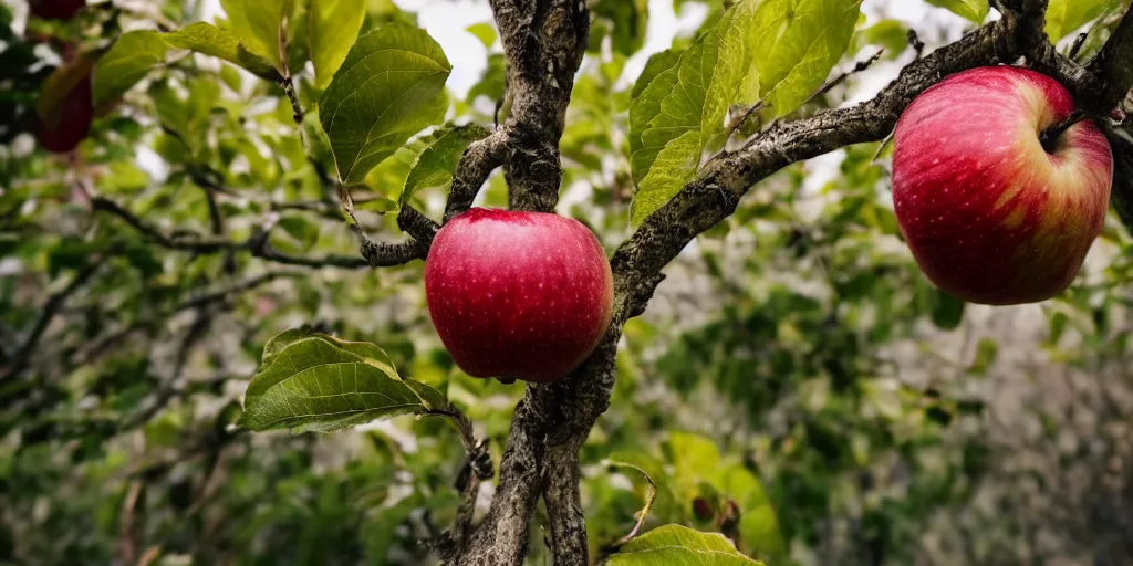 Prompt: an extreme close - up photographic picture of an apple on a tree, photographic filter, unreal engine 5, realistic, hyperdetailed, 8 k, cinematic, volumetric lighting, very realistic effect, hd, hdr, 4 k, sharp focus, octane render, ultra detailed, high resolution, trending on artstation in the style of albert dros glowing rich colors powerful imagery