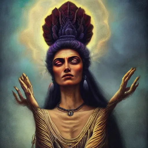 Image similar to old Indian majestic lady, looking upwards, meditation, despair, mystic, by Anato Finnstark, Tom Bagshaw, Brom