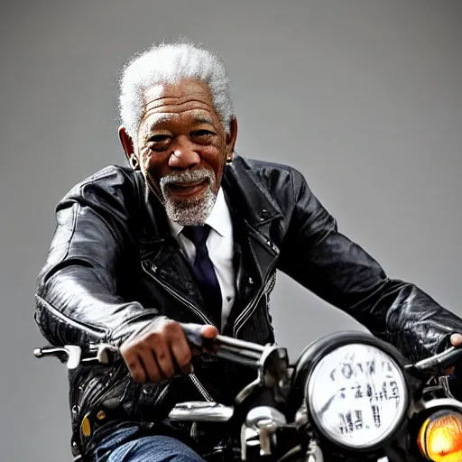 morgan freeman riding a motorcycle in a way that is | Stable Diffusion