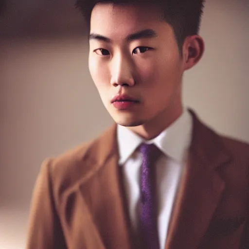 Image similar to Portrait of a young handsome asian man wearing Burberry clothes, fashion, cinematic lighting, captured in low light, sharp focus, detailed, cinestill 800t