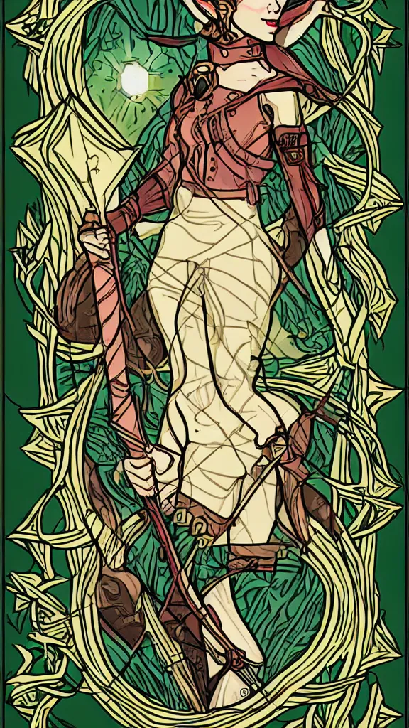 Image similar to female elf ranger in fantasy forest, art deco tarot card style