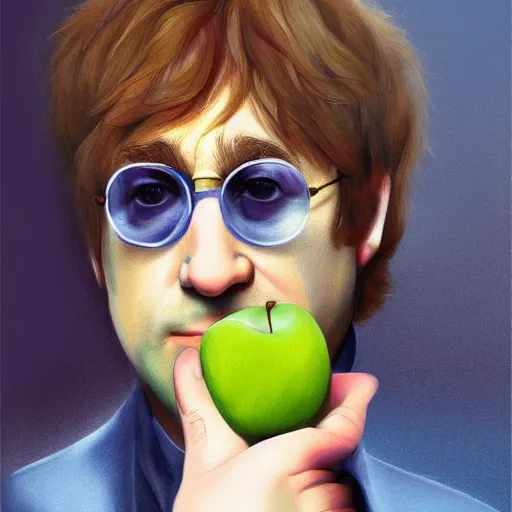 Image similar to Elton John lennon holding a apple, digital Painting, ultradetailed, artstation, oil Painting, ultradetailed, artstation