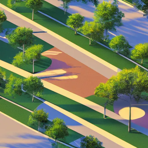 Prompt: design of a park in an urban area, sunset, vivid lighting, modern minimal design, isometric view, photorealist, 8 k