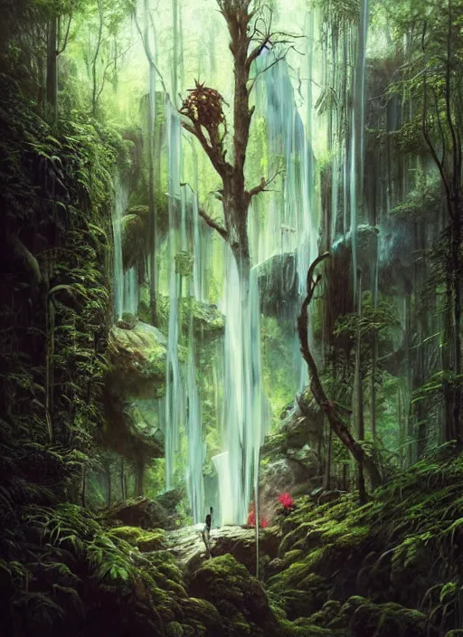 Image similar to a hyper realistic architectural witch shrine under a waterfall in the woods, gorgeous lighting, lush forest foliage, painting by chiara bautista and tom bagshaw, muca beksinski and norman rockwell and greg rutkowski weta studio, and lucasfilm