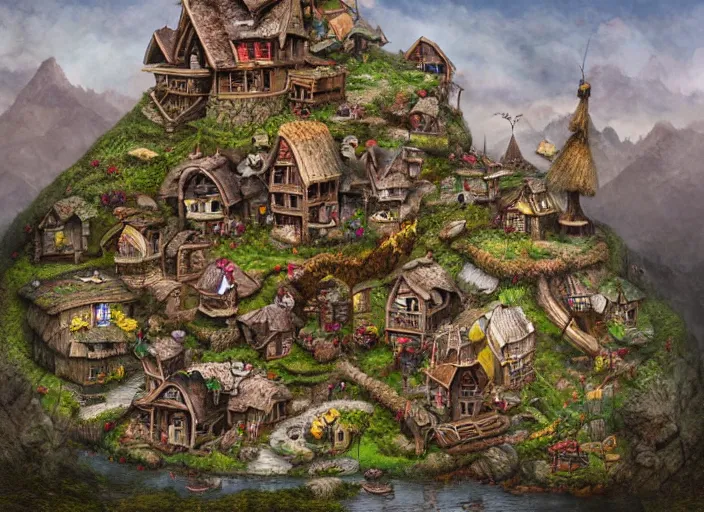 Image similar to dwarf - village built into a mountain, lowbrow, matte painting, 3 d highly detailed, in the style of mark ryden,