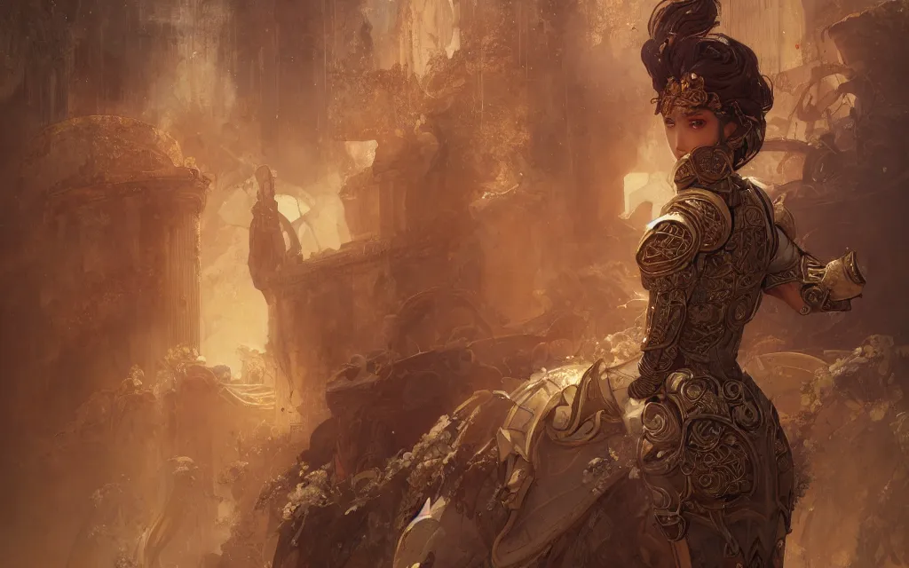 Prompt: portrait knights of zodiac girl, rose golden color armor, in ruined agora of athens, ssci - fi and fantasy, intricate and very very beautiful and elegant, highly detailed, digital painting, artstation, concept art, frostbite engine, smooth and sharp focus, illustration, art by tian zi and wlop and alphonse mucha