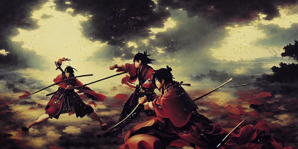 Image similar to baroque oil painting of key visual large samurai battle, rain, brutalist fantasy, rule of thirds golden ratio, fake detail, trending pixiv fanbox, acrylic palette knife, style of makoto shinkai takashi takeuchi yoshiyuki sadamoto greg rutkowski chiho aoshima