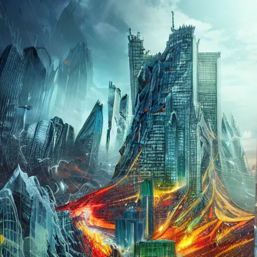 Image similar to destructive giant monsters in the city, photorealistic, highly detailed, sharp focus, vivid, colorful, symmetrical, random, convoluted, mind - blowing, creative, fully functional, end of the world, physics defying, amazing, cool