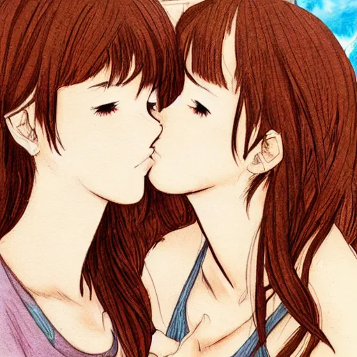 Image similar to portrait of two girls kissing, detailed manga art