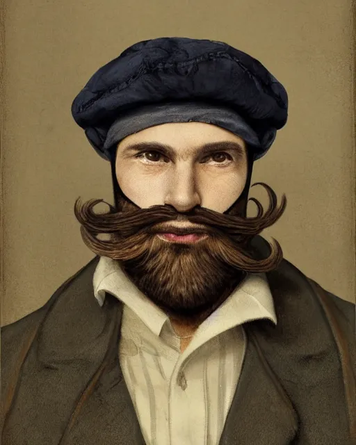 Prompt: a portrait of a male vintage thief with three-day beard, eye mask and cap by Cedric Peyravernay