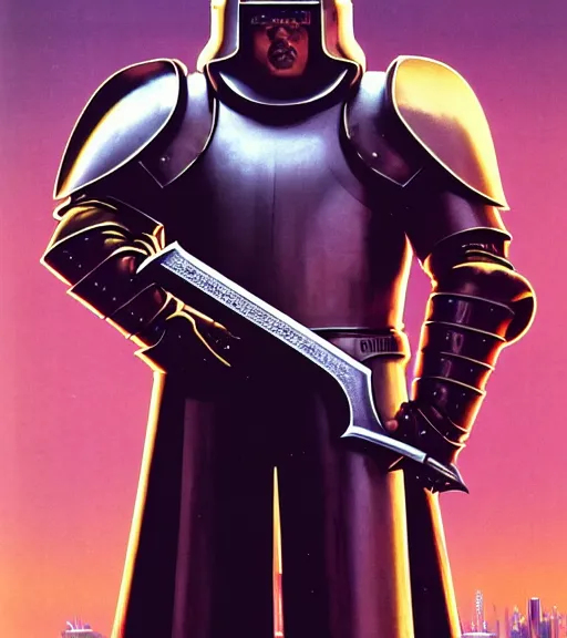 Image similar to a tall and fat cyberpunk paladin in rounded heavy plate armor wearing a crusaders helmet he is holding a large long sword in a cyberpunk setting, 1 9 7 9 omni magazine cover, style by vincent di fate, artgerm, cyberpunk 2 0 7 7, very coherent, detailed, 4 k resolution, unreal engine, daz