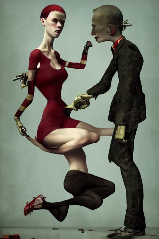 Prompt: man breaking into pieces while a woman tries to hold the fallen parts, surreal, ray caesar