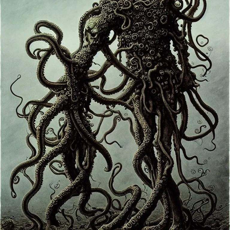 Image similar to A detailed human with tentacles growing out of his head and with armored joints stands with a pebble in hands and toes. Wearing a ripped mantle. Extremely high details, realistic, fantasy art, solo, masterpiece, art by Zdzisław Beksiński, Arthur Rackham, Dariusz Zawadzki