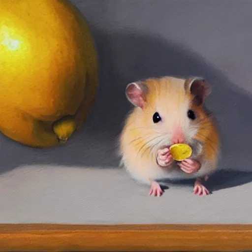 Image similar to a oil painting of a cute little hamster eating lemon