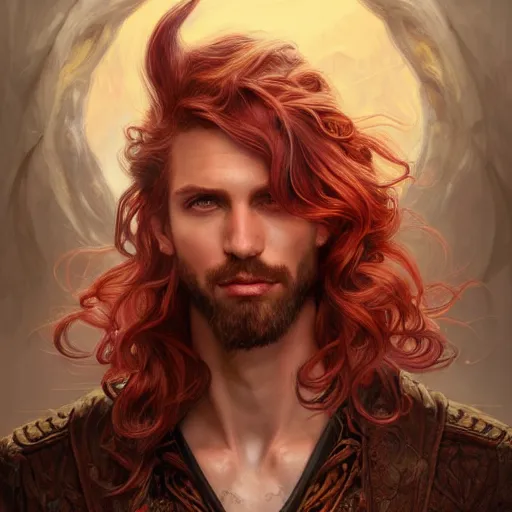 Image similar to portrait of a dragon with a humanoid face, male, handsome, masculine, full body, red hair, long hair, soft hair, fantasy, intricate, elegant, highly detailed, suit, coffee shop, digital painting, artstation, concept art, character art, smooth, sharp focus, illustration, art by artgerm and greg rutkowski and alphonse mucha