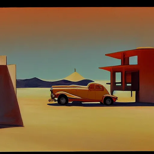 Image similar to motel in a desert Tatooine landscape, a woman, painted by François Roca and Edward Hopper, airbrush, highly detailed