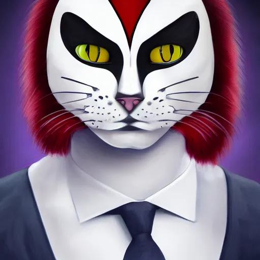 Image similar to graphic, hyperreal, portraiture illustration of a anthropomorphic handsome ragdoll cat wearing a joker mask and holding a blake, digital painting, trending on artstation