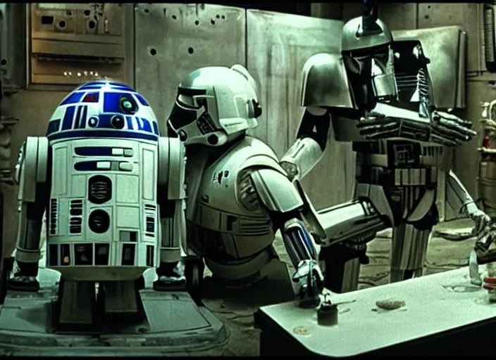 Image similar to screenshot from the iconic scene from the lost Star Wars film directed by Martin Scorsese, where Robert De niro meets with his droid buddy DATAROBOT-7BO. cinematic lighting, unsettling set design with extreme detail, moody cinematography, with anamorphic lenses, crisp, detailed, 4k image,