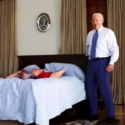 Image similar to Photograph of Joe Biden sleeping in bed with a large Turkish man standing next to the bed, AP photography, 4k