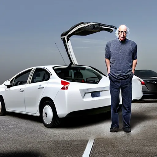 Prompt: larry david standing on roof of 2009 prius, in the style of andy worhol