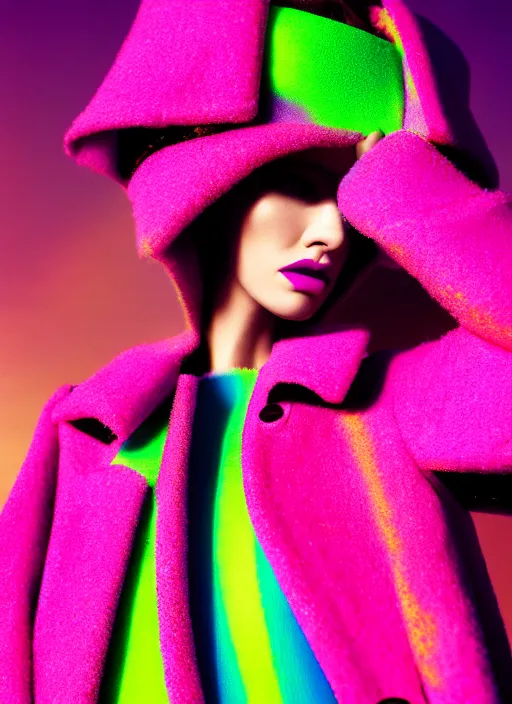 Image similar to coat for a rave, bright colors, many details, prints, photo for a magazine, photo for a store, fashion photography, Vogue, 135 mm, cinematic, hyper realism, high detail, 8k, chrome accents, perfect face