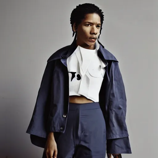 Image similar to realistic photoshooting for a new balenciaga lookbook color film photography portrait of a beautiful woman model wearing a workwear jacket, photo in style of tyler mitchell