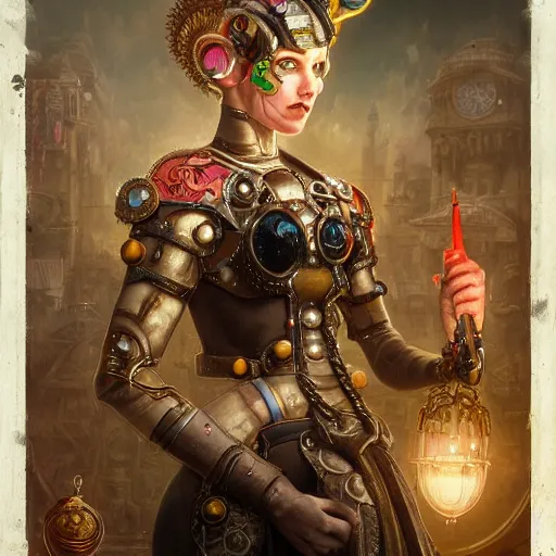 Prompt: by tom bagshaw, photorealist vivid render of a carnival of curiosities marvel, single bald steampunk female in a full ornated armor, gears, cables, led, flying machinery, partial symmetry accurate features, very intricate details, focus, award winning, ultra dense fog, trending on behance