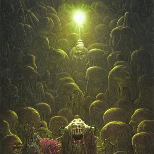 Image similar to a hyperrealistic painting of an alien god preaching to a congregation of small furry creatures in the middle of an alien jungle, bioluminescent plants, by john kenn mortensen and zdzislaw beksinski, highly detailed, vivid color,