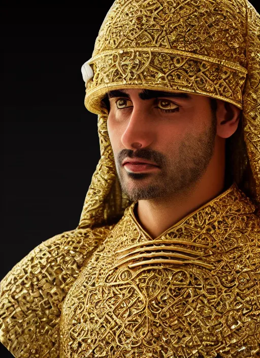 Image similar to portrait of sheikh ruler of dubai, djinn, head and torso only, cinematic lighting, studio quality, godly, cell shaded, 4 k, active, scenic, anger and fury