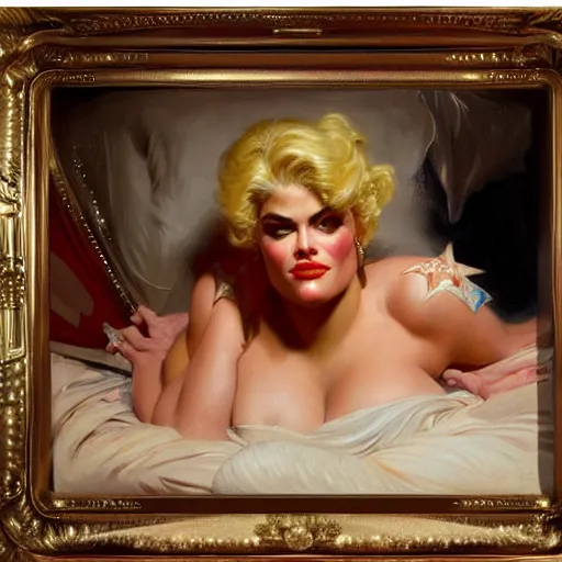 Image similar to anna nicole smith in her bed, nervous and terrified, because rip taylor is throwing confetti from a bucket at her. highly detailed painting by gaston bussiere, j. c. leyendecker, greg rutkowski, craig mullins 8 k