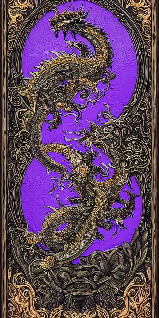 Image similar to Painted dark-wood panel relief carving of a Flowerpunk Dragon, Fractal God, mythology, divinity, Silver, black and glowing purple toned, ornate border frame, explosion of colorful flowers, dark wood, intricately carved, black ink, festival of rich colors, intricate details, cinematic lighting, volumetric lighting, post-processing, art nouveau, tarot, fractal art, mandala, by andreas rocha and john howe, and Martin Johnson Heade, featured on artstation, featured on behance, golden ratio, hyper detailed, photorealistic, epic composition, center spotlight, f32, well composed, symmetrical, UE5, 8k