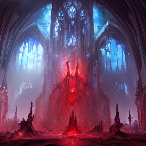 Image similar to a huge chaos dark eldritch cathedral filled with red ray traced light and corruption by WLOP and tony sart and bekinski, god rays, fantasy art, 4k, HDR, photorealistic, 8k, trending on artstation