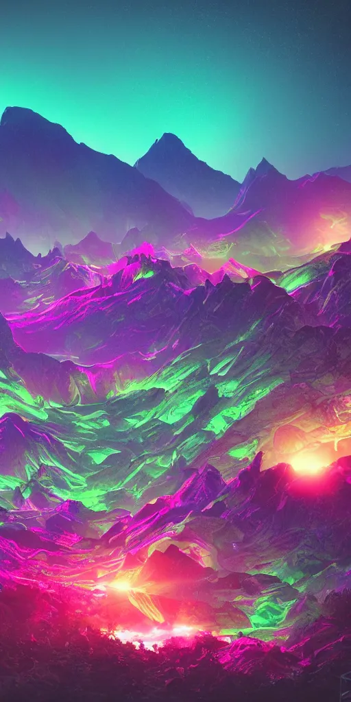 Image similar to a beautiful neon alien landscape, mountains