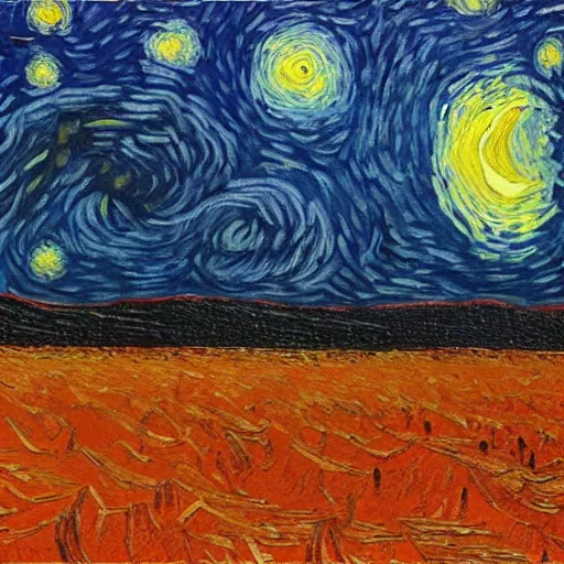 Prompt: starry night on mars, red dust, snakes, dim distant light, towers, painting by van gogh