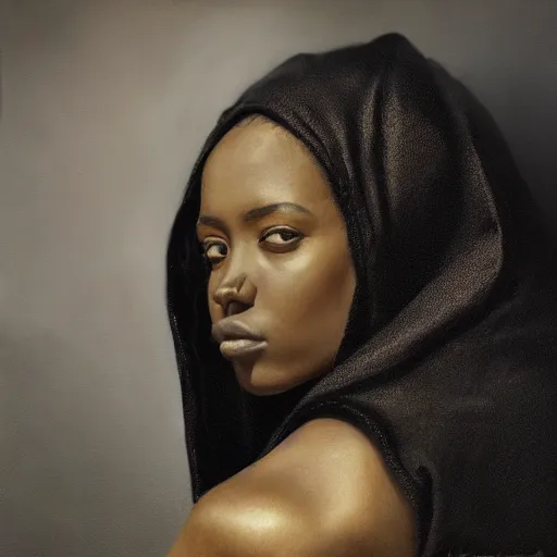 Image similar to a portrait of a young black woman wearing a long dark cloak, hood and shadows covering face, anatomically correct, beautiful perfect face, enigmatic, oil painting, matte painting, black background, Volumetric Golden dappled dynamic lighting, Highly Detailed, Cinematic Lighting, Unreal Engine, 8k, HD, by Beksinski