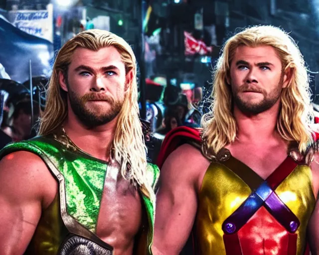 Image similar to Chris Hemsworth thor as a drag queen makeup, gay parade background, cinematic shot, 8k resolution, hyper detailed