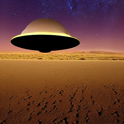 Image similar to ufo flying over the desert at night, old picture, flying saucer!!,