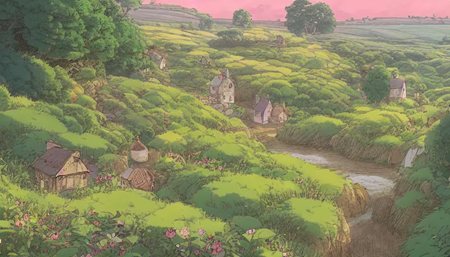 Image similar to A beautiful Yorkshire countryside in the style of Studio Ghibli, illustrated by Kazuo Oga, Hayao Miyazaki, trending on artstation, HD, 4K