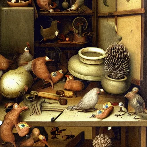 Prompt: painting of a hedgehog on a table in a ceramic workshop, surrounded by ceramicists tools and unfinished bowls, surrounded by pigeons and rats and squirrels and frogs, oil painting, northern renaissance art, oil on canvas, wet - on - wet technique, realistic, intricate textures, illusionistic detail