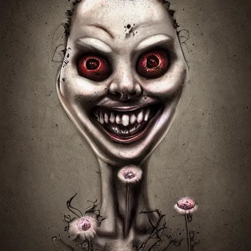 Image similar to grunge cartoon sketch of a human mixed with a flower with a wide smile by - michael karcz, loony toons style, horror theme, detailed, elegant, intricate