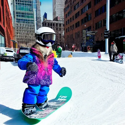 Prompt: cool cat snowboarding through downtown new york
