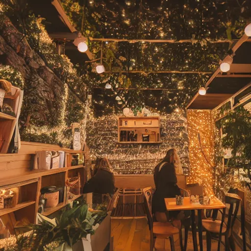 Image similar to professional photograph of a cozy little nature - themed coffee shop with fairy lights, high quality, hd, highly detailed, award - winning, awe - inspiring, 4 k, 8 k,