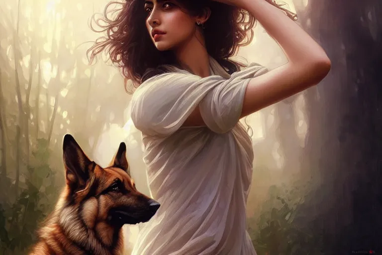 Prompt: sensual good looking pale young bengali girl with soulful eyes with a majestic german shepherd, portrait, elegant, intricate, digital painting, artstation, concept art, smooth, sharp focus, illustration, art by artgerm and greg rutkowski and alphonse mucha