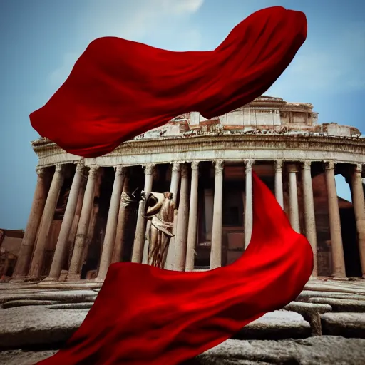 Image similar to a figure covered by red cloth that's blowing in the wind standing in a beautiful roman city, digital art, concept art, cloth simulation with houdini, octane, redshift, 8 k