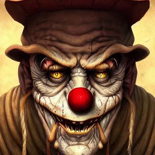 Image similar to digital painting of a wrinkled old scary clown by filipe pagliuso and justin gerard, symmetric, fantasy, highly, detailed, realistic, intricate