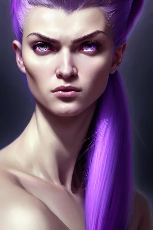 Image similar to alexey gurylev, close up portrait, pale woman in power armor with purple ponytail hair, stoic, focused, powerful, d & d, fantasy, complex, elegant, highly detailed, digital painting, artstation, concept art, matte, clear focus, illustration, hearthstone, artgerm art, greg rutkovsky and alphonse mucha