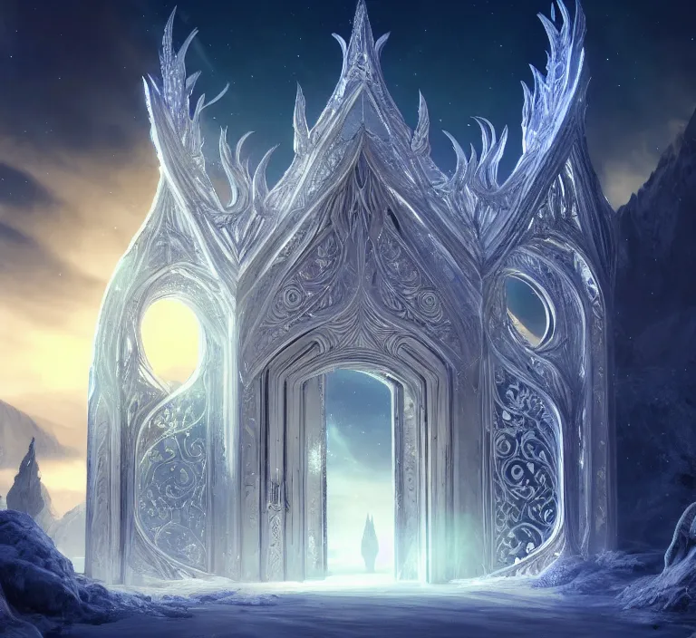 Image similar to a very detailed concept art of intricate and elven white gates to aurora borealis infused with magic, dynamic lighting trending on artstation, symmetry, digital art, 4 k, hyper realistic, octane render, sharp focus