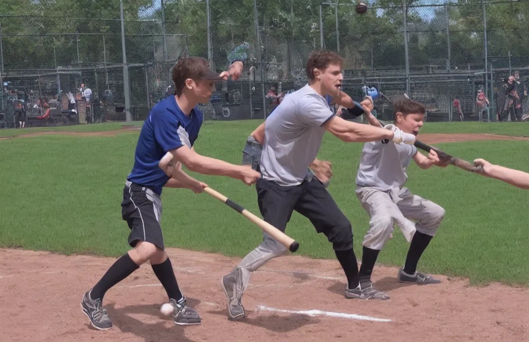 Image similar to jerma hitting a child with a baseball bat in a baseball field