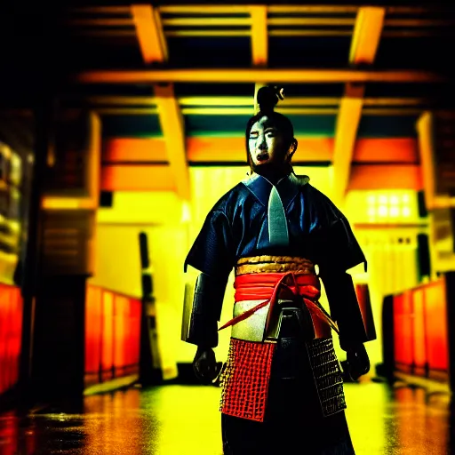 Prompt: photograph of a samurai warrior in a post modern Japan, neon lights, night, dark, volumetric light, raining, high contrast, epic